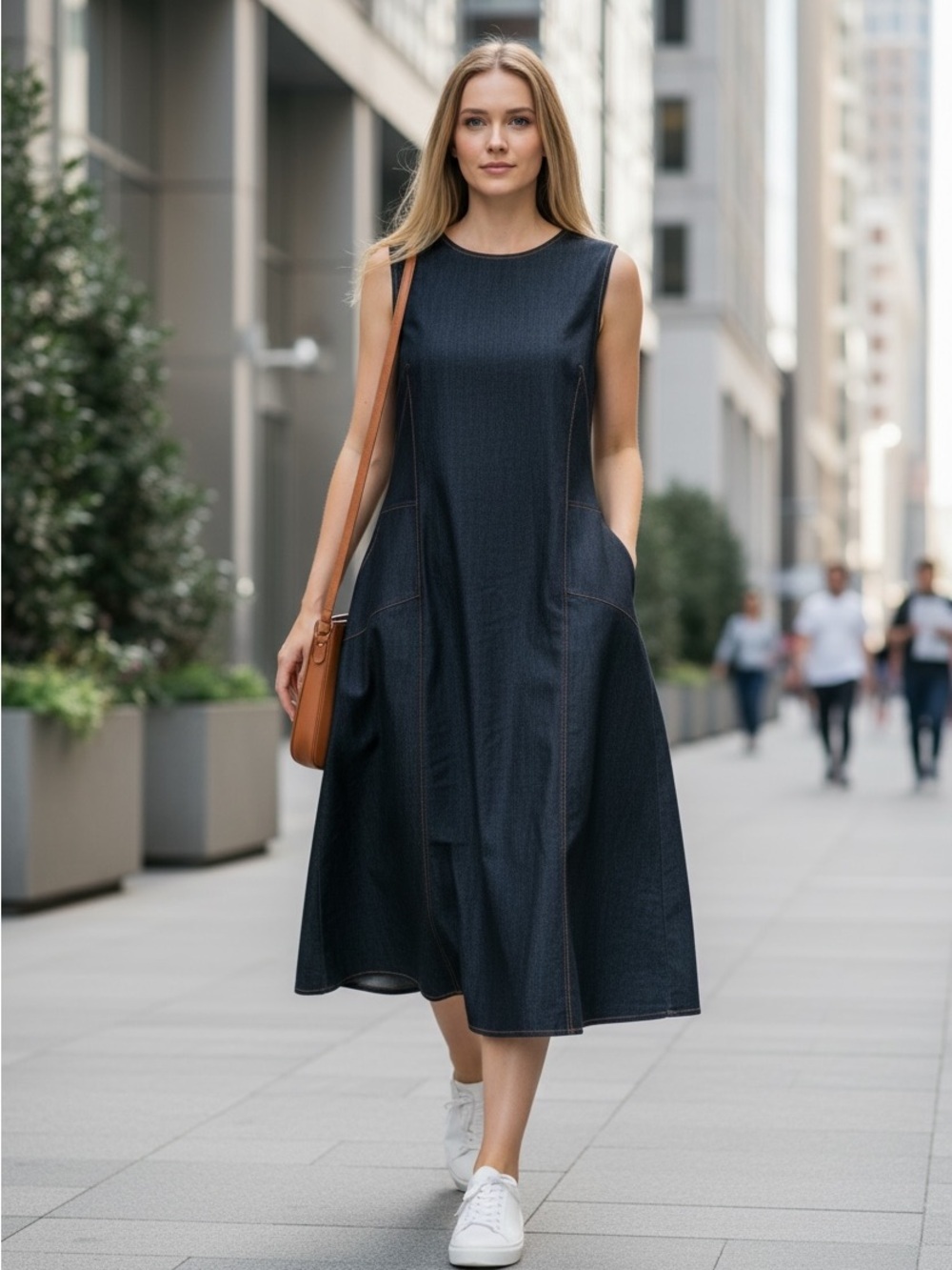 Calvin Klein Sleeveless Midi Dress | Lightweight Faux Denim Look | Size 12| EUC
